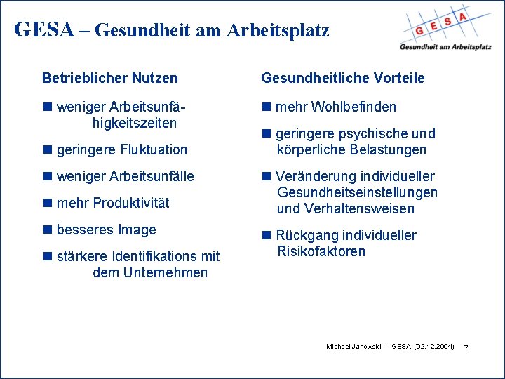 GESA – Gesundheit am Arbeitsplatz Betrieblicher Nutzen Gesundheitliche Vorteile n weniger Arbeitsunfähigkeitszeiten n mehr