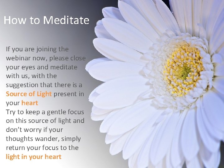 How to Meditate If you are joining the webinar now, please close your eyes