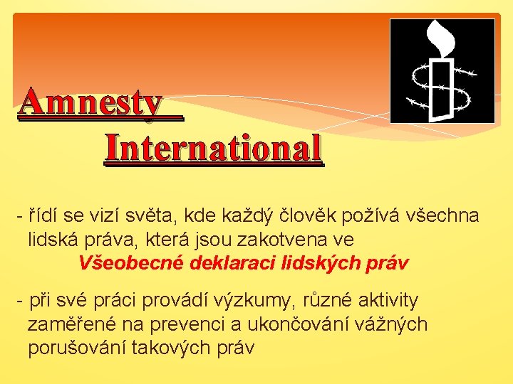 Amnesty International - řídí se vizí světa, kde každý člověk požívá všechna lidská práva,