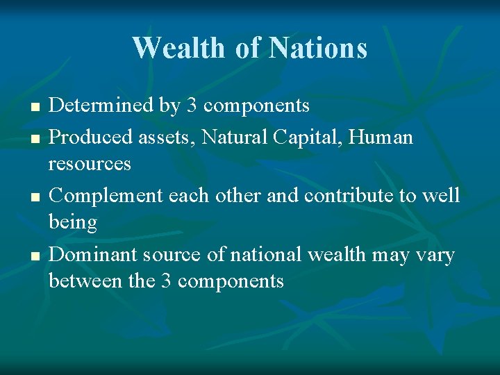 Wealth of Nations n n Determined by 3 components Produced assets, Natural Capital, Human