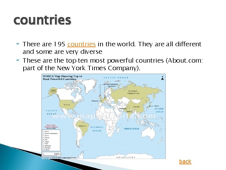 countries There are 195 countries in the world. They are all different and some