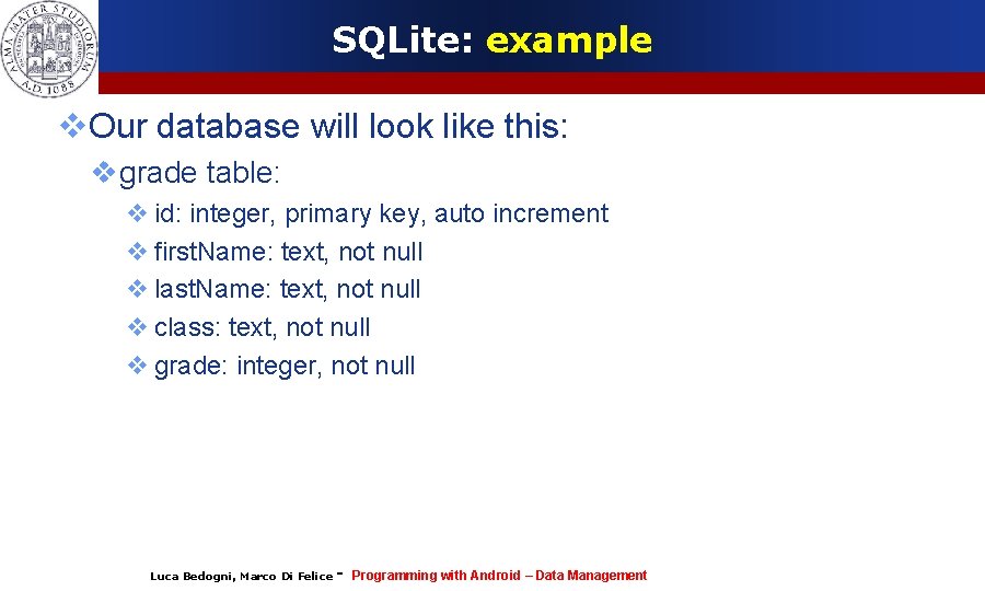 SQLite: example Our database will look like this: grade table: id: integer, primary key,