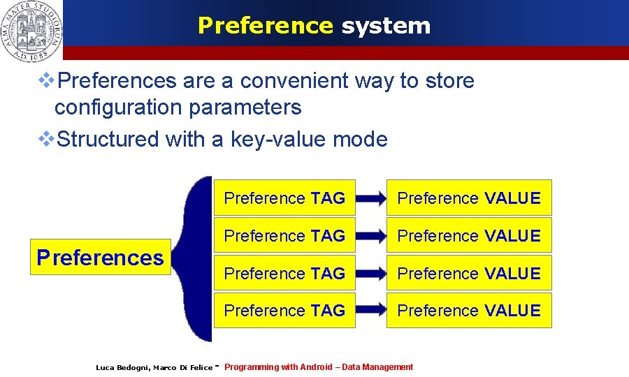 Preference system Preferences are a convenient way to store configuration parameters Structured with a