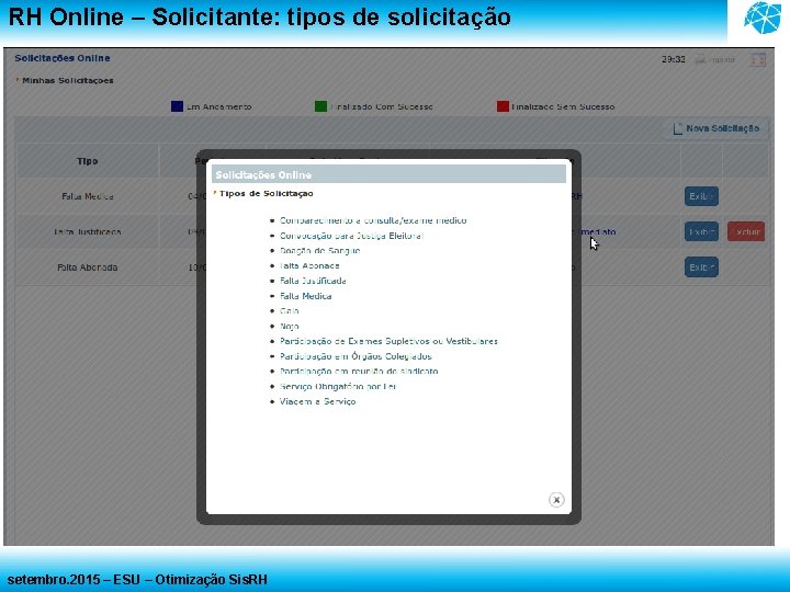 RH Online – Solicitante: tipos de solicitação setembro. 2015 – ESU – Otimização Sis. RH Online – Solicitante: tipos de solicitação setembro. 2015 – ESU – Otimização Sis.