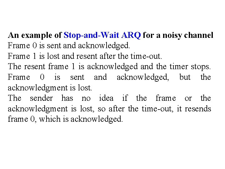 An example of Stop-and-Wait ARQ for a noisy channel Frame 0 is sent and