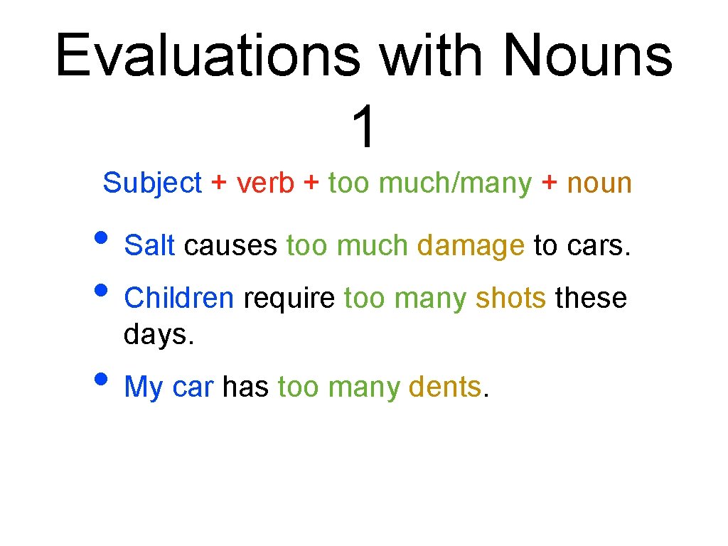 Evaluations with Nouns 1 Subject + verb + too much/many + noun • Salt