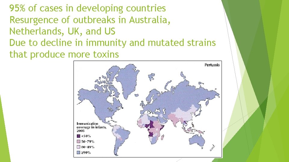 95% of cases in developing countries Resurgence of outbreaks in Australia, Netherlands, UK, and