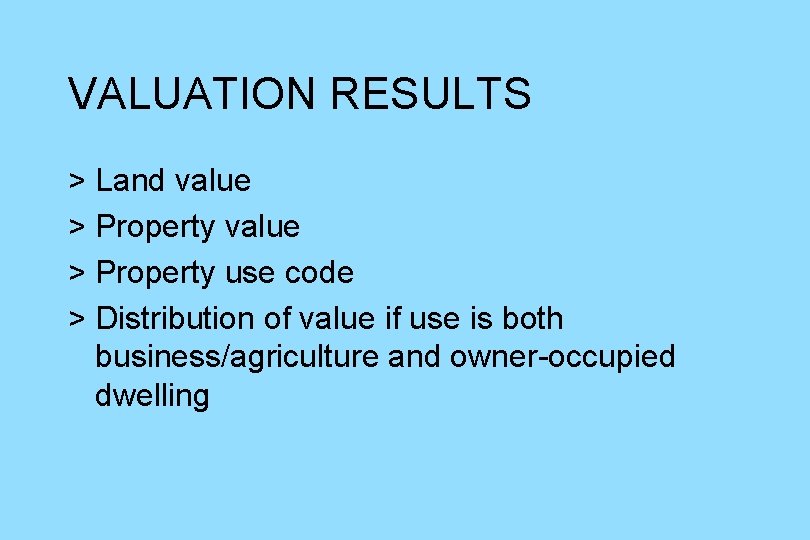 VALUATION RESULTS > Land value > Property use code > Distribution of value if