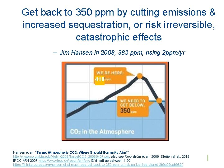 Get back to 350 ppm by cutting emissions & increased sequestration, or risk irreversible,