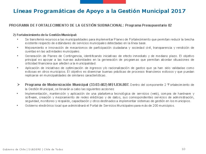 Líneas Programáticas de Apoyo a la Gestión Municipal 2017 PROGRAMA DE FORTALECIMIENTO DE LA