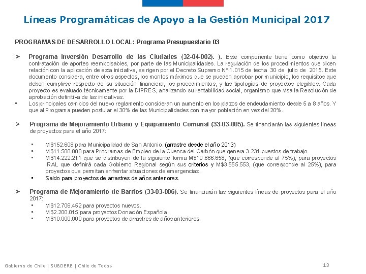 Líneas Programáticas de Apoyo a la Gestión Municipal 2017 PROGRAMAS DE DESARROLLO LOCAL: Programa