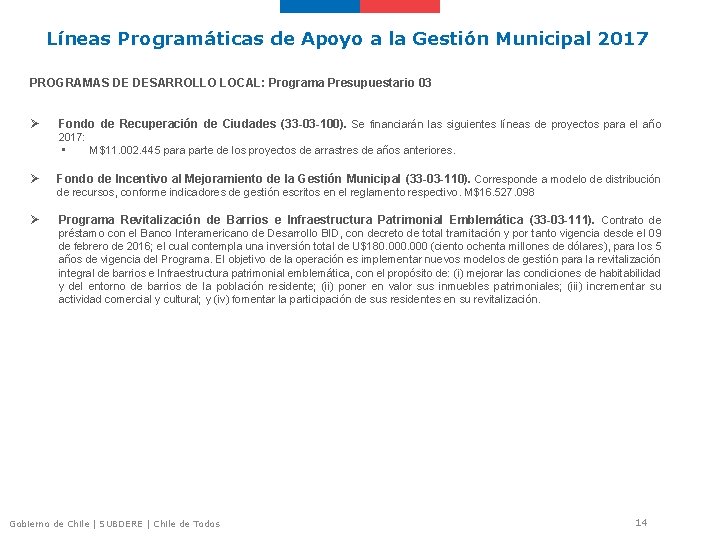 Líneas Programáticas de Apoyo a la Gestión Municipal 2017 PROGRAMAS DE DESARROLLO LOCAL: Programa