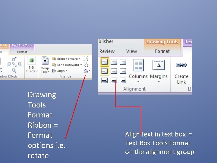 Drawing Tools Format Ribbon = Format options i. e. rotate Align text in text
