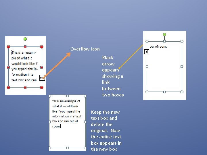 Overflow Icon Black arrow appears showing a link between two boxes Keep the new