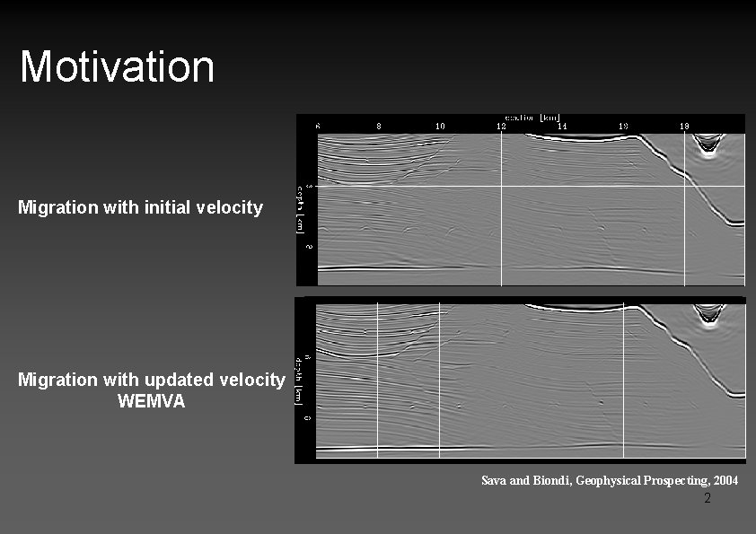 Motivation Migration with initial velocity Migration with updated velocity WEMVA Sava and Biondi, Geophysical