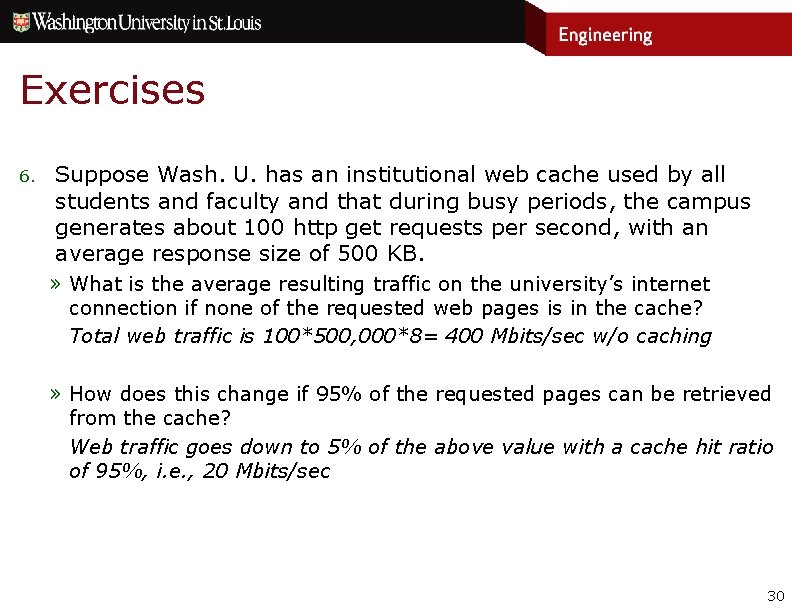Exercises 6. Suppose Wash. U. has an institutional web cache used by all students Exercises 6. Suppose Wash. U. has an institutional web cache used by all students