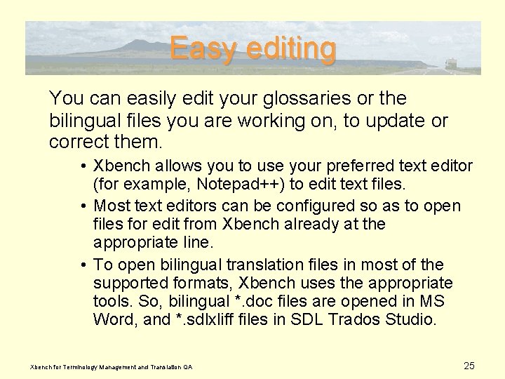 Easy editing You can easily edit your glossaries or the bilingual files you are