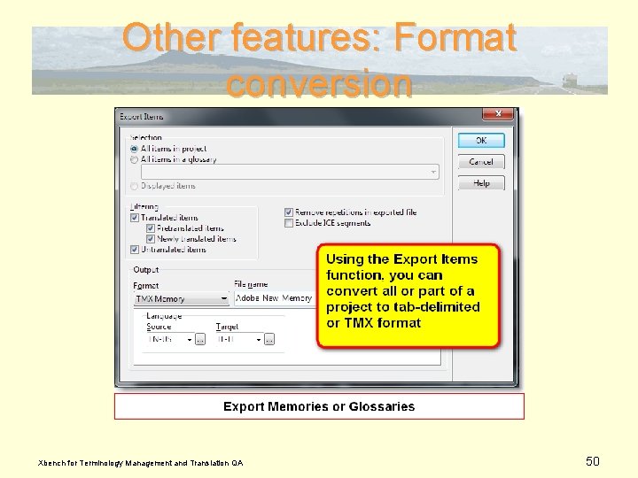 Other features: Format conversion Xbench for Terminology Management and Translation QA 50 