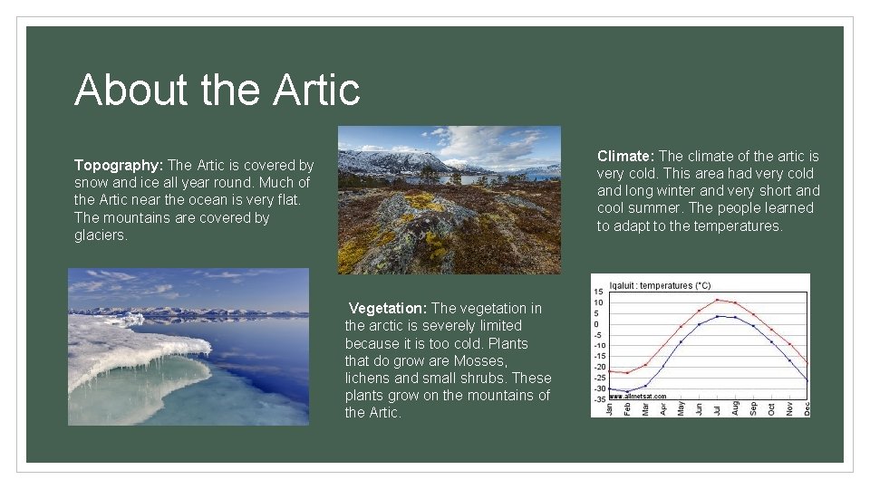 About the Artic Climate: The climate of the artic is very cold. This area