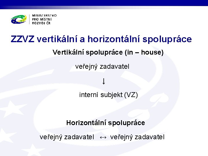 ZZVZ vertikální a horizontální spolupráce Vertikální spolupráce (in – house) veřejný zadavatel ↓ interní