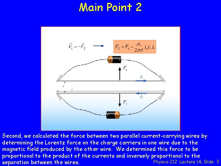 Main Point 2 Second, we calculated the force between two parallel current-carrying wires by