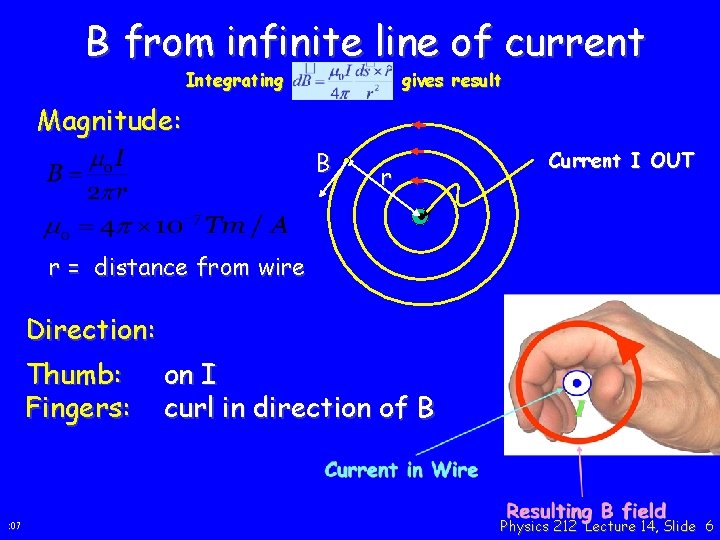 B from infinite line of current Integrating gives result Magnitude: B Current I OUT