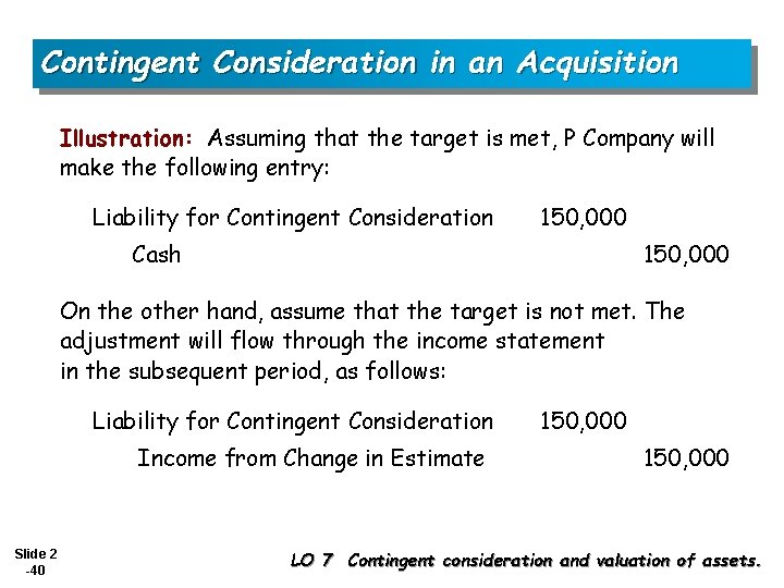 Contingent Consideration in an Acquisition Illustration: Assuming that the target is met, P Company