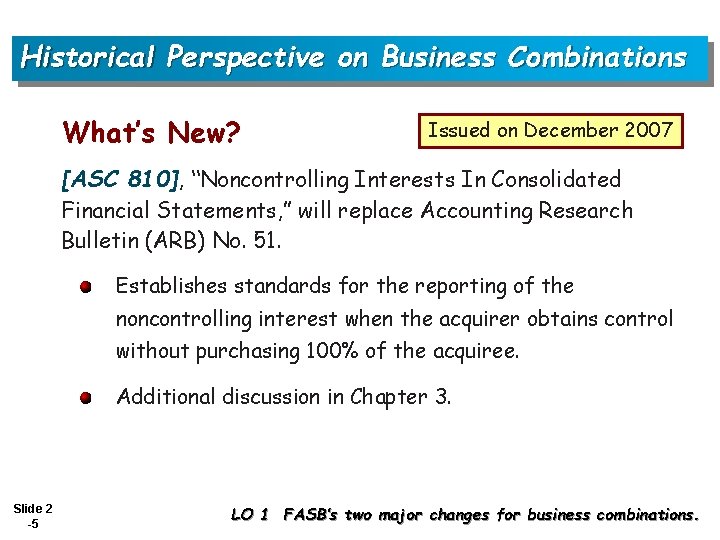 Historical Perspective on Business Combinations What’s New? Issued on December 2007 [ASC 810], “Noncontrolling