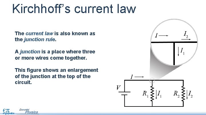 Kirchhoff’s current law The current law is also known as the junction rule. A