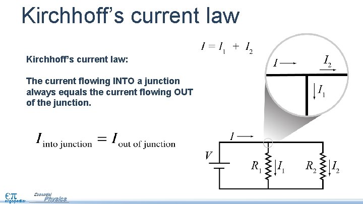 Kirchhoff’s current law: The current flowing INTO a junction always equals the current flowing