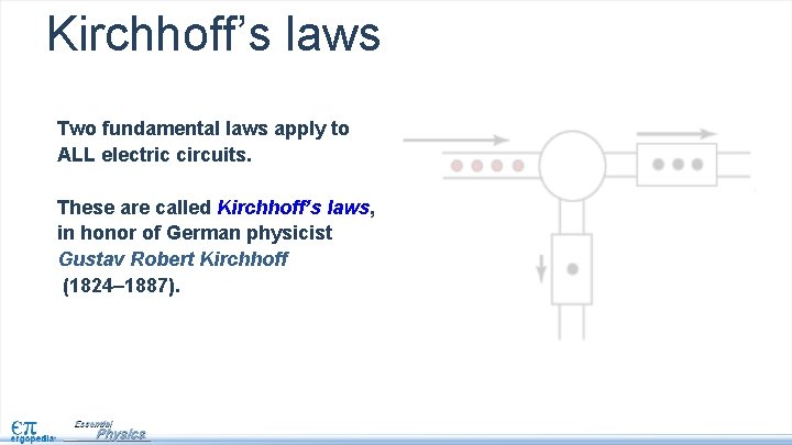 Kirchhoff’s laws Two fundamental laws apply to ALL electric circuits. These are called Kirchhoff’s