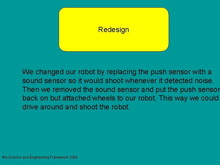 Redesign We changed our robot by replacing the push sensor with a sound sensor
