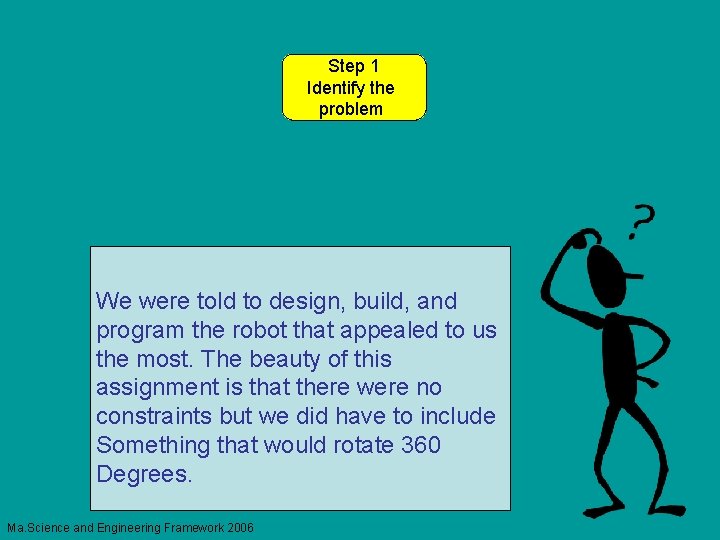 Step 1 Identify the problem We were told to design, build, and program the