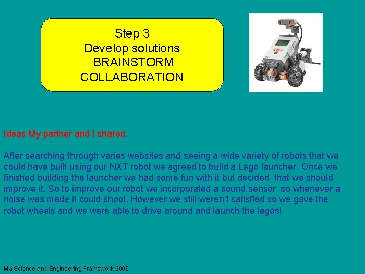 Step 3 Develop solutions BRAINSTORM COLLABORATION Ideas My partner and I shared. After searching