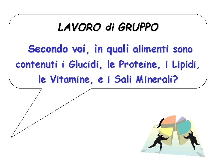 LAVORO di GRUPPO Secondo voi, in quali alimenti sono contenuti i Glucidi, le Proteine,