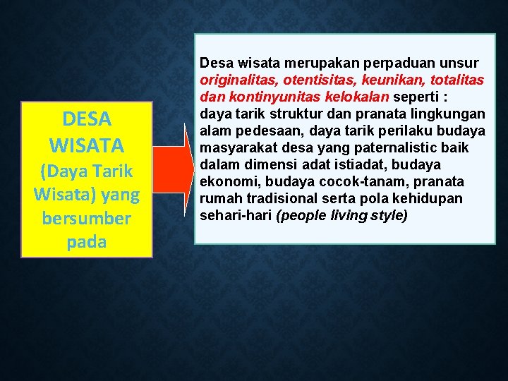 DESA WISATA (Daya Tarik Wisata) yang bersumber pada Desa wisata merupakan perpaduan unsur originalitas,