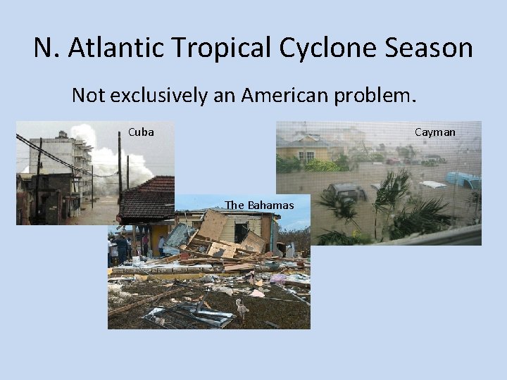 N. Atlantic Tropical Cyclone Season Not exclusively an American problem. Cayman Cuba The Bahamas