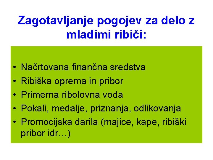 Zagotavljanje pogojev za delo z mladimi ribiči: • • • Načrtovana finančna sredstva Ribiška