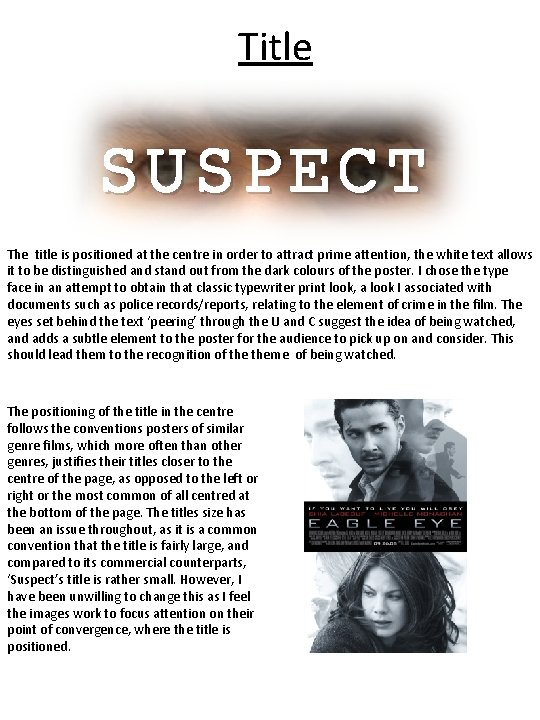 Title SUSPECT The title is positioned at the centre in order to attract prime