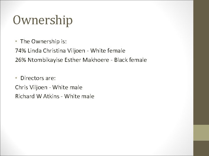 Ownership • The Ownership is: 74% Linda Christina Viljoen - White female 26% Ntombikayise