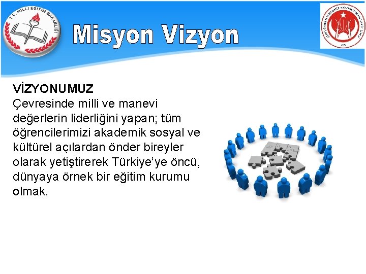 VİZYONUMUZ Çevresinde milli ve manevi değerlerin liderliğini yapan; tüm öğrencilerimizi akademik sosyal ve kültürel