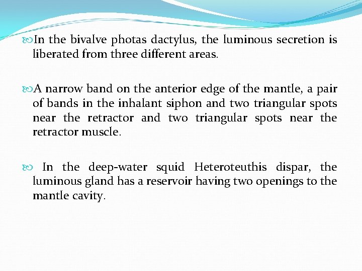  In the bivalve photas dactylus, the luminous secretion is liberated from three different