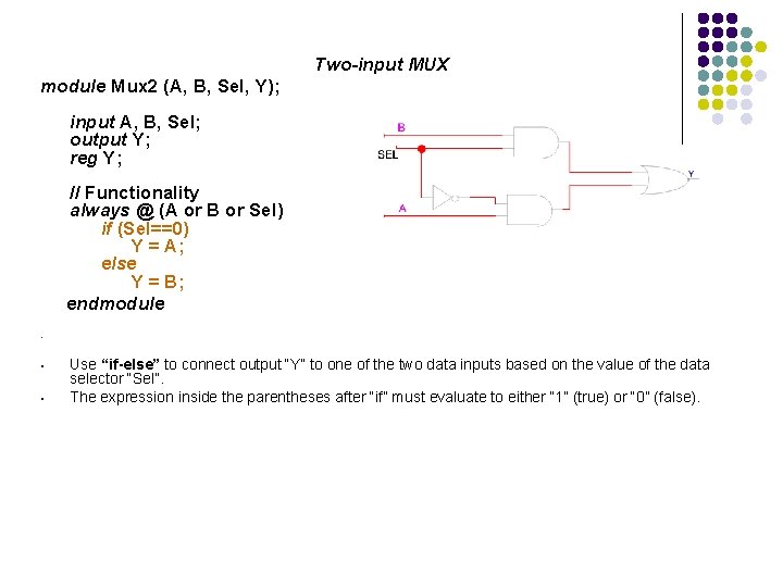 Two-input MUX module Mux 2 (A, B, Sel, Y); input A, B, Sel; output