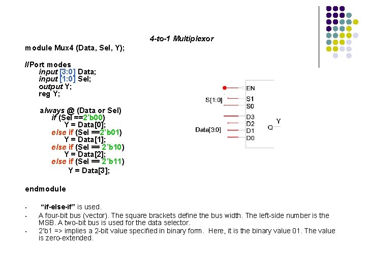4 -to-1 Multiplexor module Mux 4 (Data, Sel, Y); //Port modes input [3: 0]