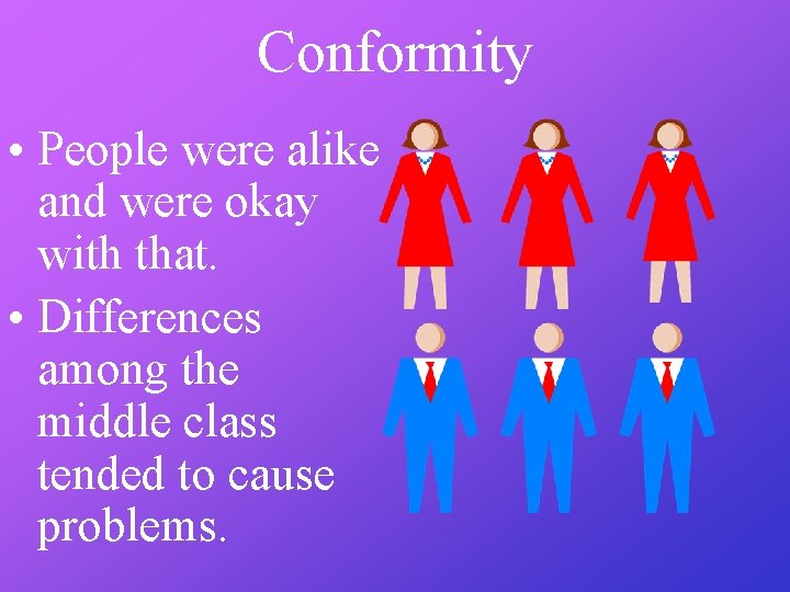 Conformity • People were alike and were okay with that. • Differences among the