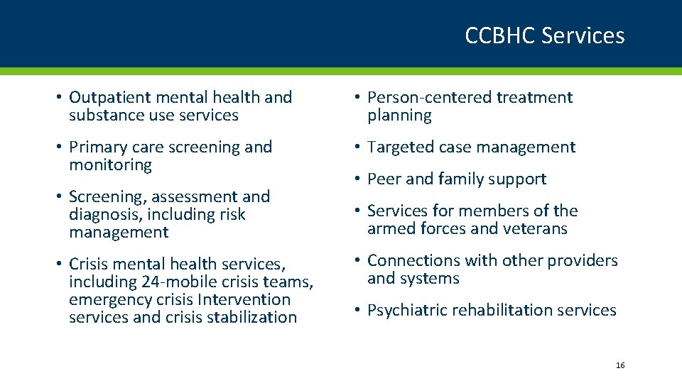 CCBHC Services • Outpatient mental health and substance use services • Person-centered treatment planning