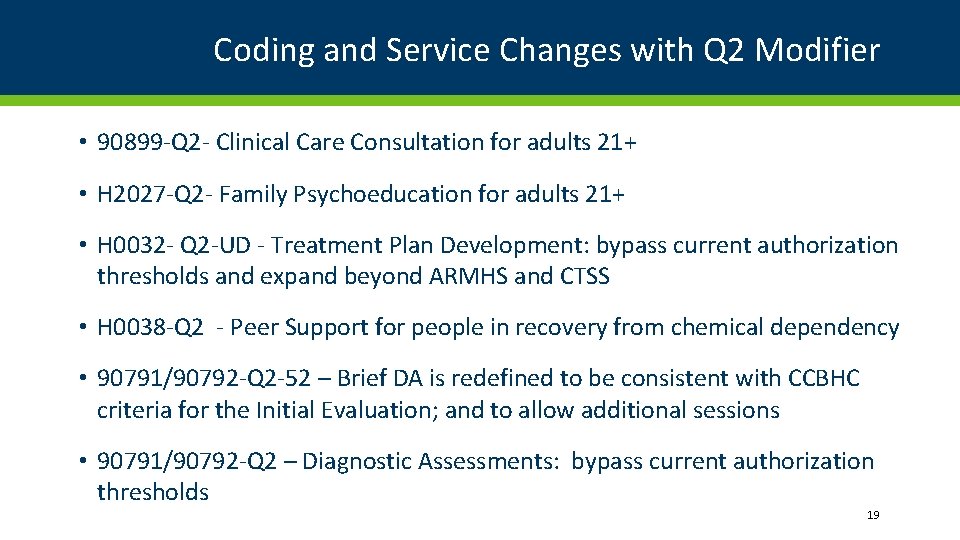 Coding and Service Changes with Q 2 Modifier • 90899 -Q 2 - Clinical