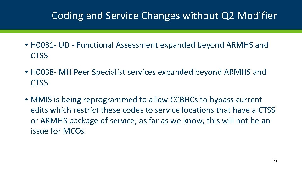 Coding and Service Changes without Q 2 Modifier • H 0031 - UD -