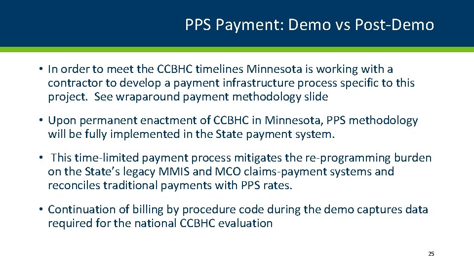 PPS Payment: Demo vs Post-Demo • In order to meet the CCBHC timelines Minnesota