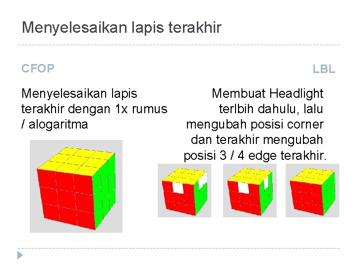 Menyelesaikan lapis terakhir CFOP Menyelesaikan lapis terakhir dengan 1 x rumus / alogaritma LBL